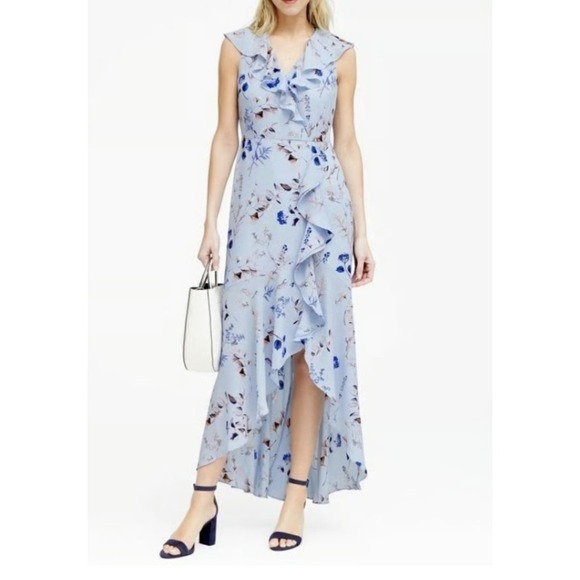 Banana Republic Floral Ruffle-Wrap Maxi Dress 12 Blue Romantic Summer‎ Vacation - Picture 1 of 10